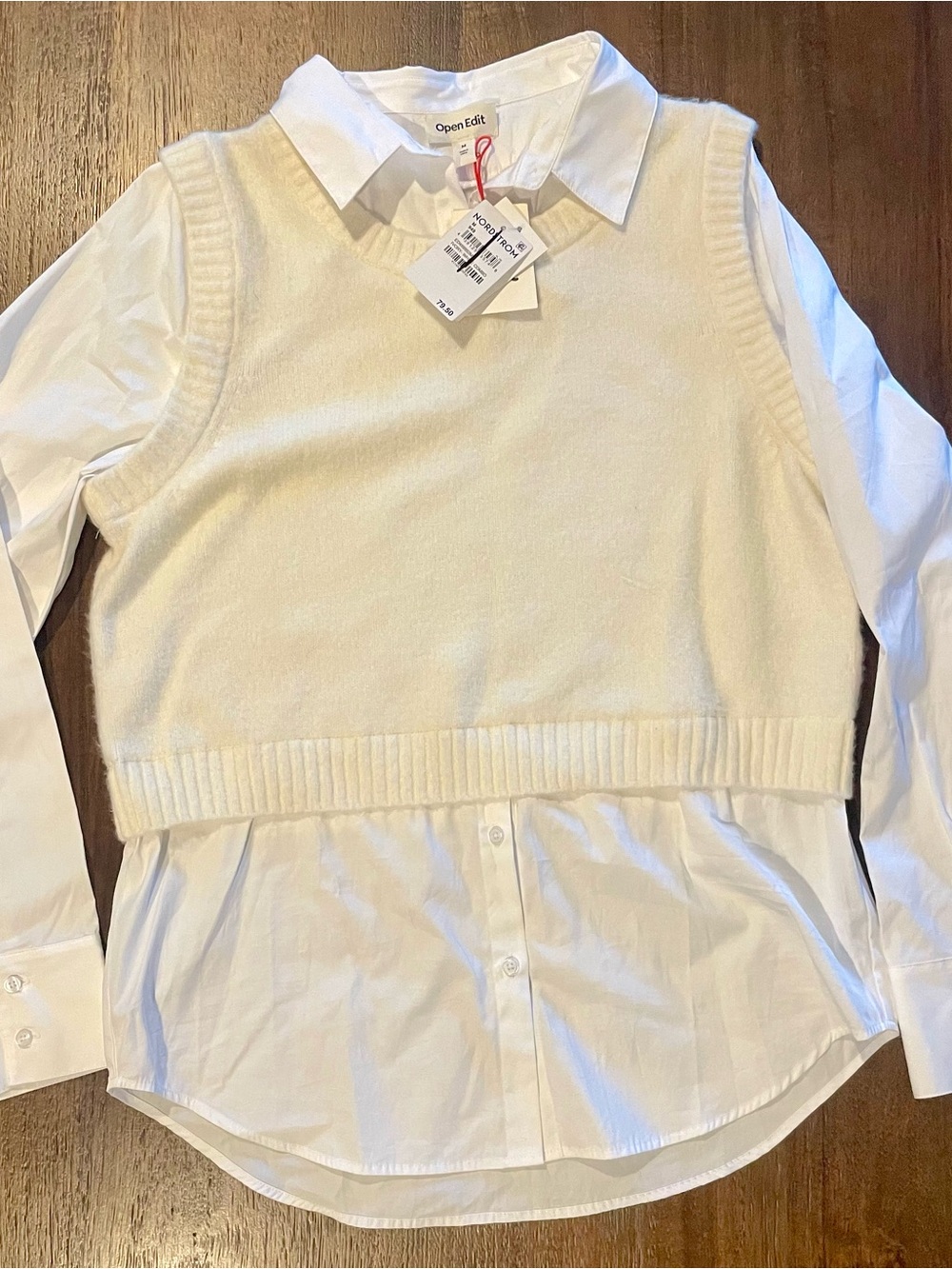 Nordstrom Open Edit Cream Sweater Vest Layered Blouse